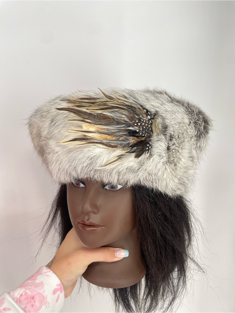 Vintage Gray Fluffy Fur Feathered Winter Hat W Metal Brooch Accent Tapestry Top
